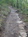 <p>Some lumpy rocks in the tread, a rock skinny line and an embedded stone drain to handle subsoil springs</p>